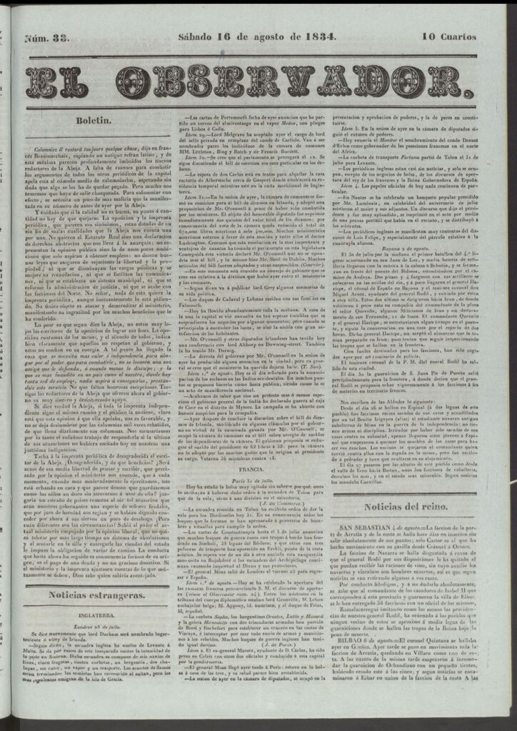 Miniatura de El Observador del 16 de agosto de 1834