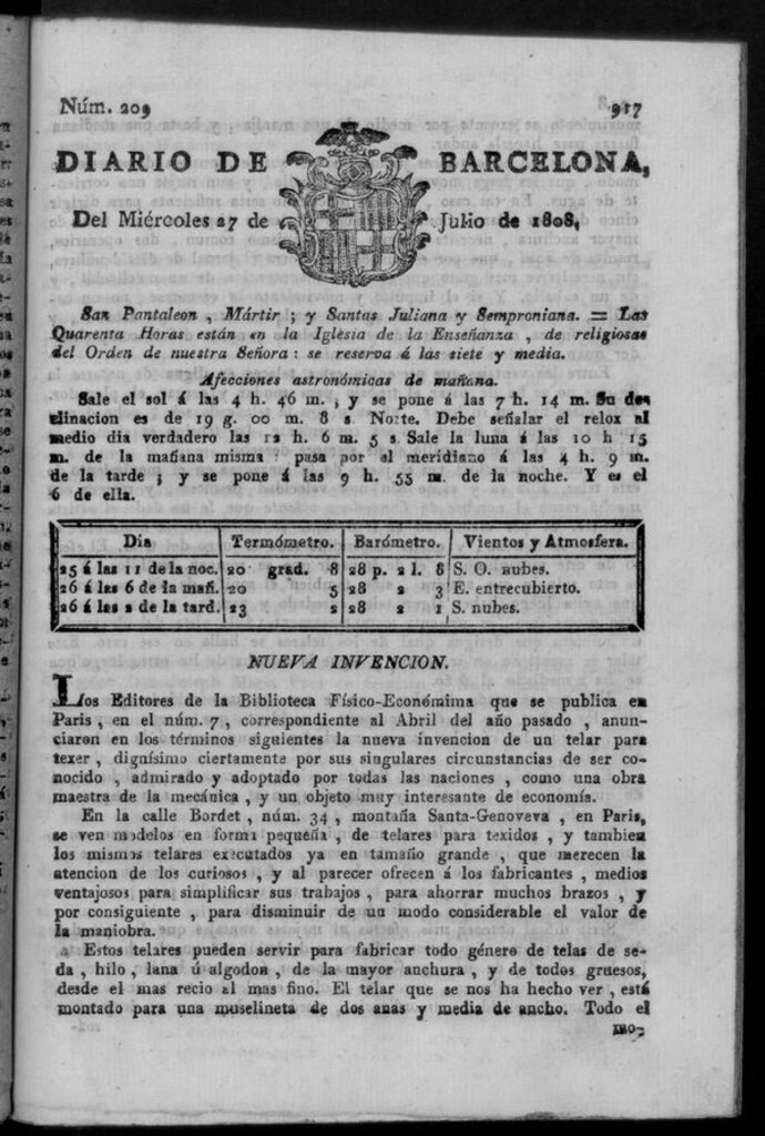 Miniatura de Diario de Barcelona del miércoles 27 de julio de 1808