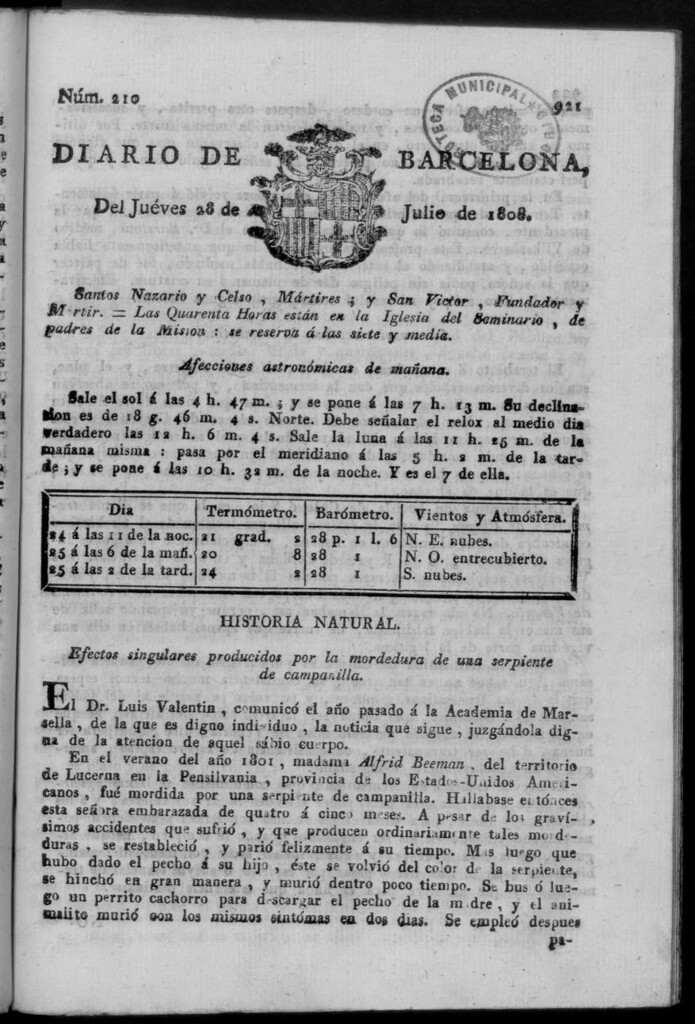 Miniatura de Diario de Barcelona del jueves 28 de julio de 1808