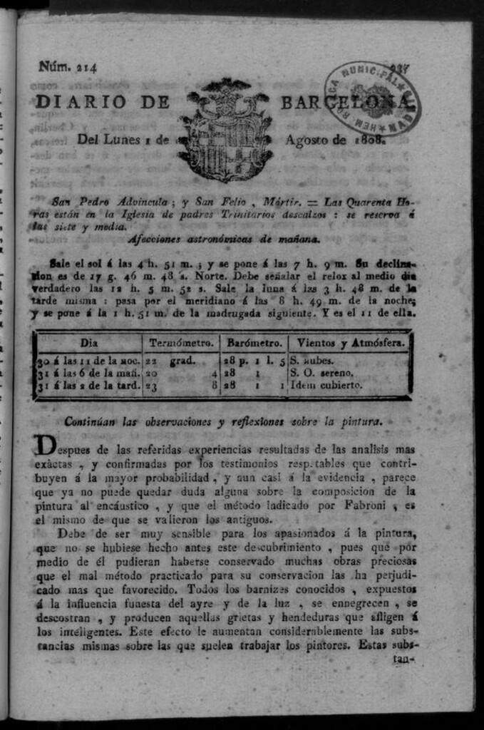 Miniatura de Diario de Barcelona del lunes 1 de agosto de 1808