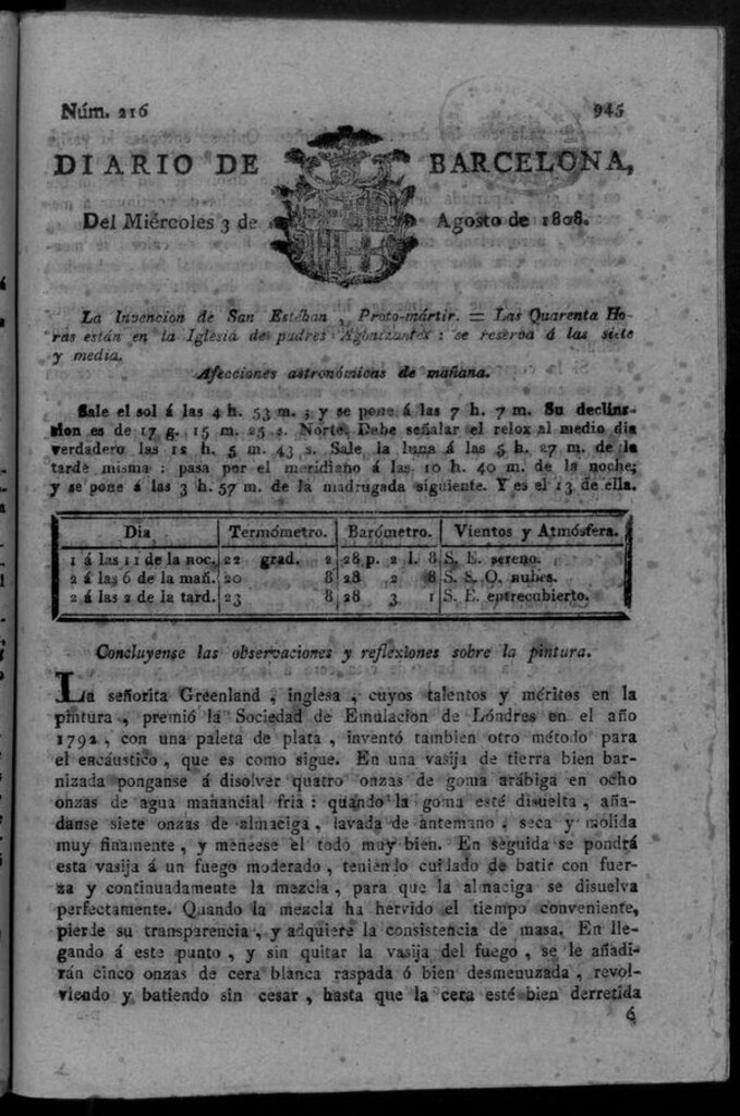 Miniatura de Diario de Barcelona del miércoles 3 de agosto de 1808