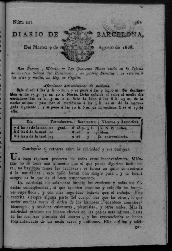 Miniatura de Diario de Barcelona del martes 9 de agosto de 1808