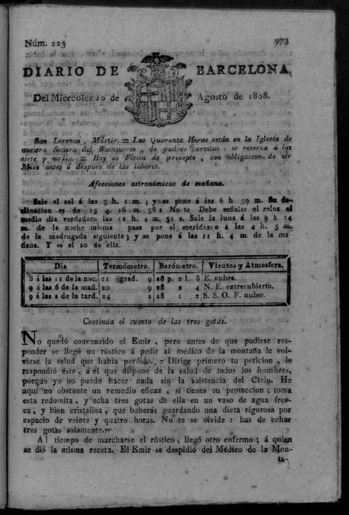Miniatura de Diario de Barcelona del miércoles 10 de agosto de 1808