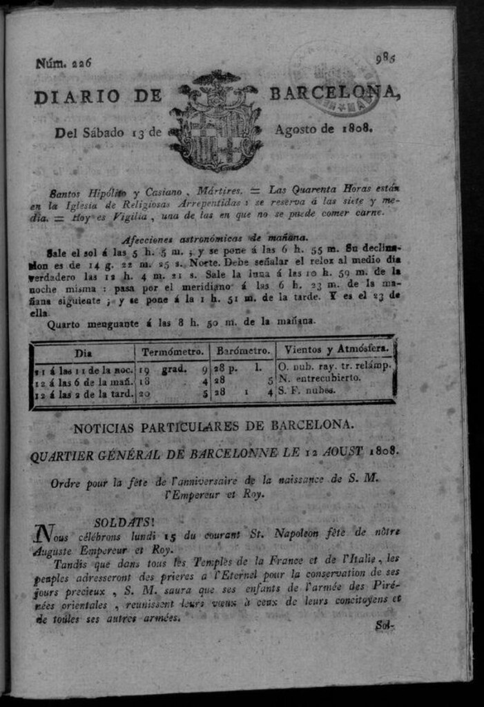 Miniatura de Diario de Barcelona del sábado 13 de agosto de 1808