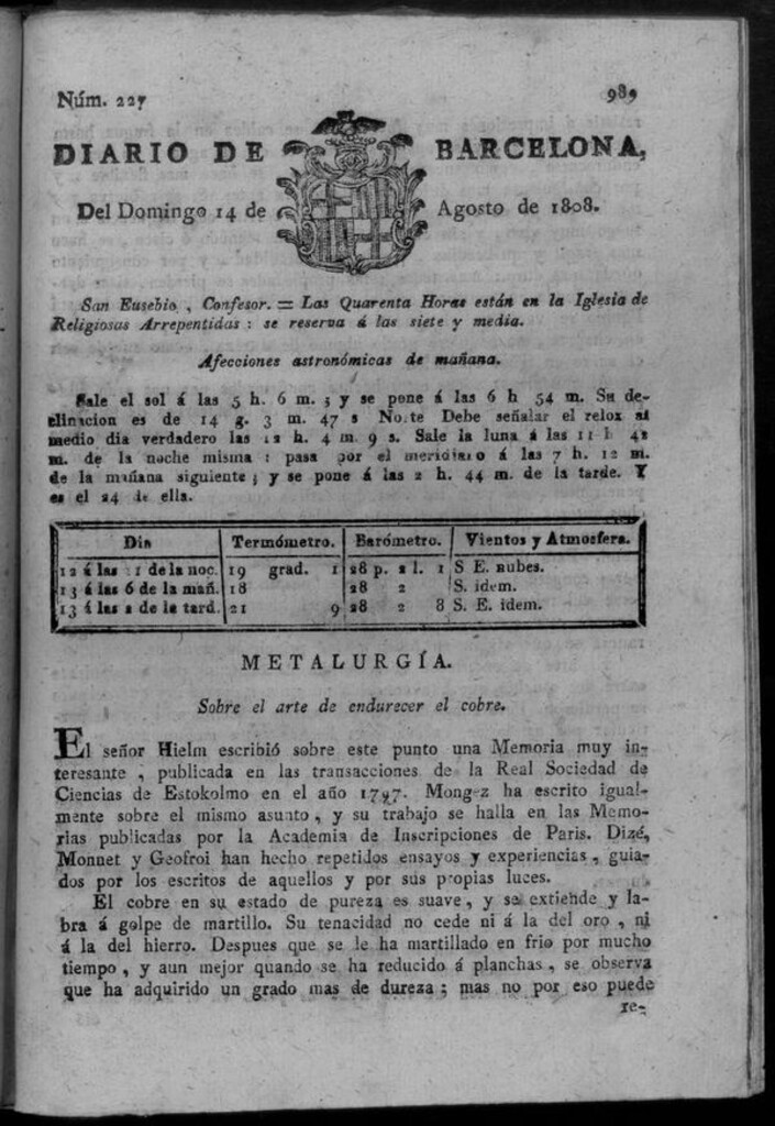 Miniatura de Diario de Barcelona del domingo 14 de agosto de 1808