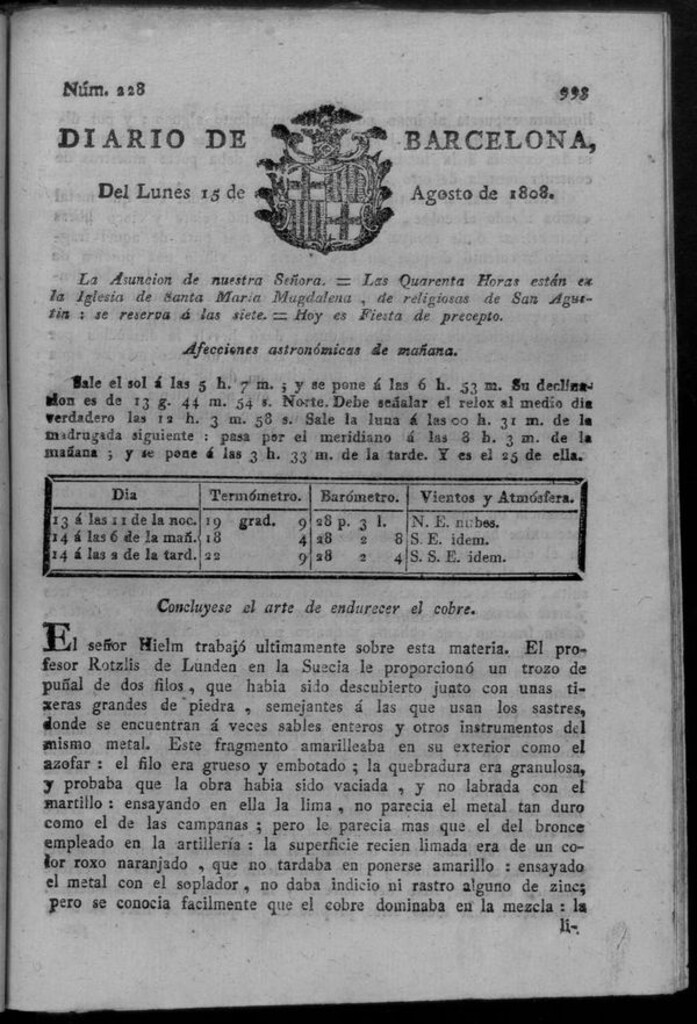 Miniatura de Diario de Barcelona del lunes 15 de agosto de 1808