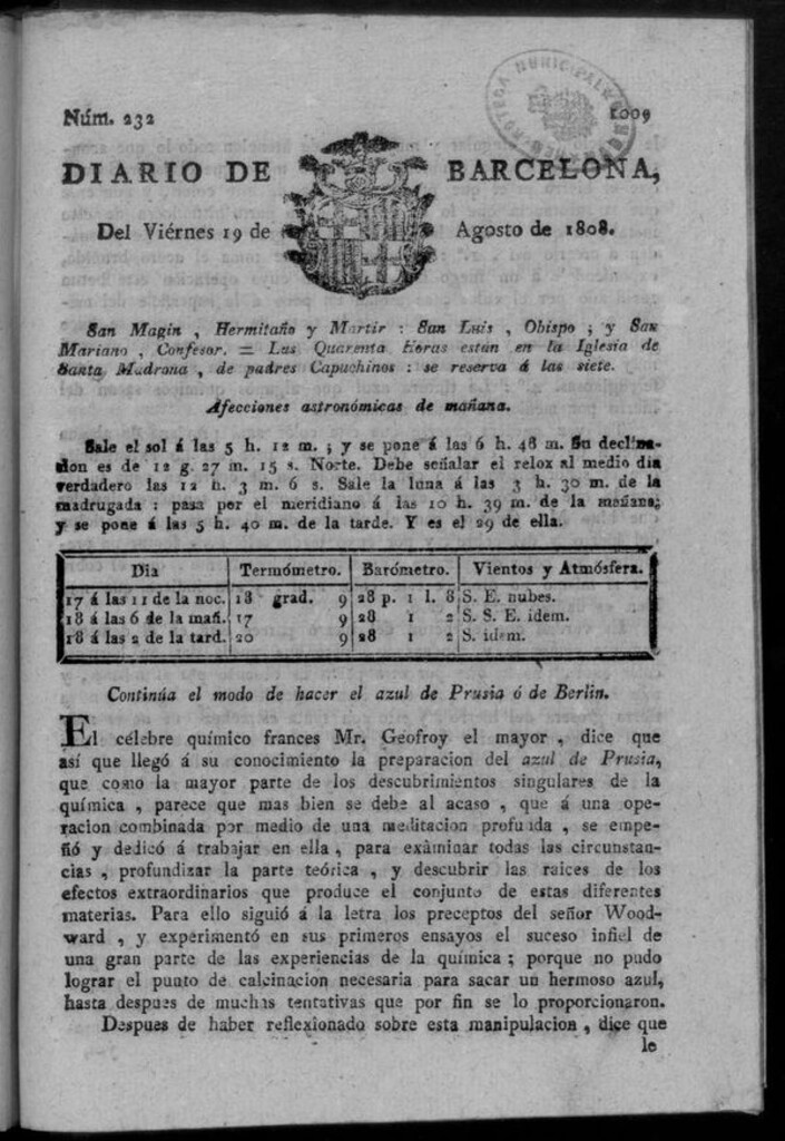 Miniatura de Diario de Barcelona del viernes 19 de agosto de 1808