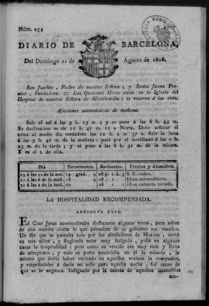 Miniatura de Diario de Barcelona del domingo 21 de agosto de 1808