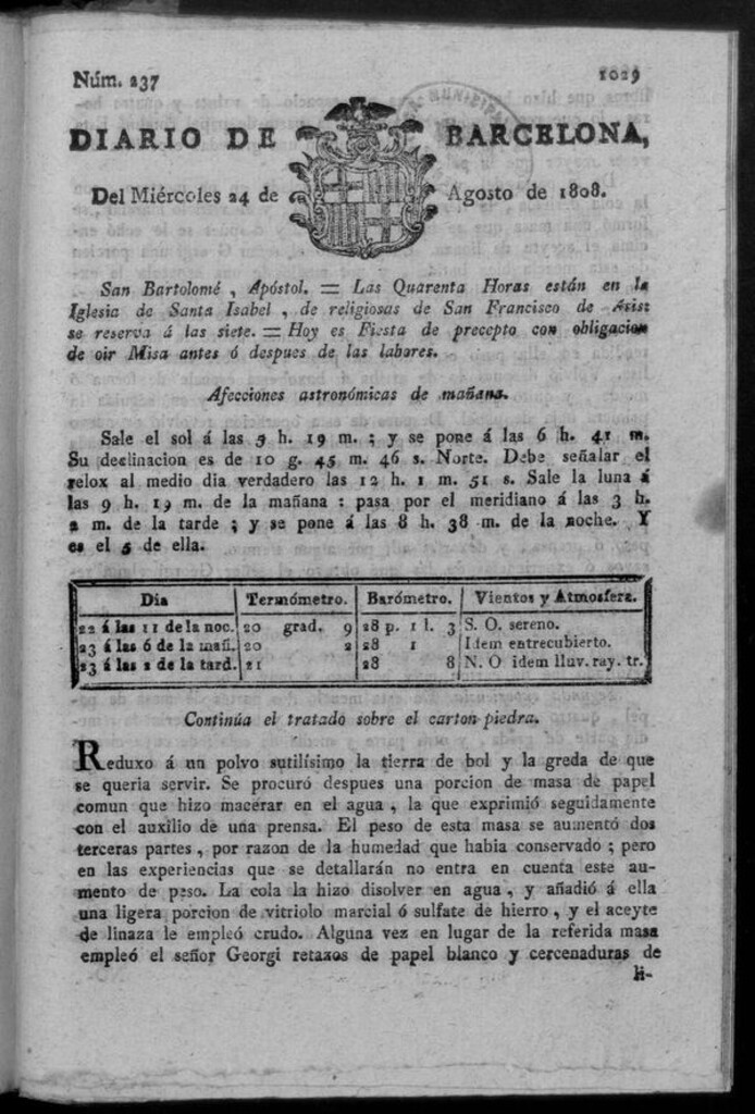 Miniatura de Diario de Barcelona del miércoles 24 de agosto de 1808