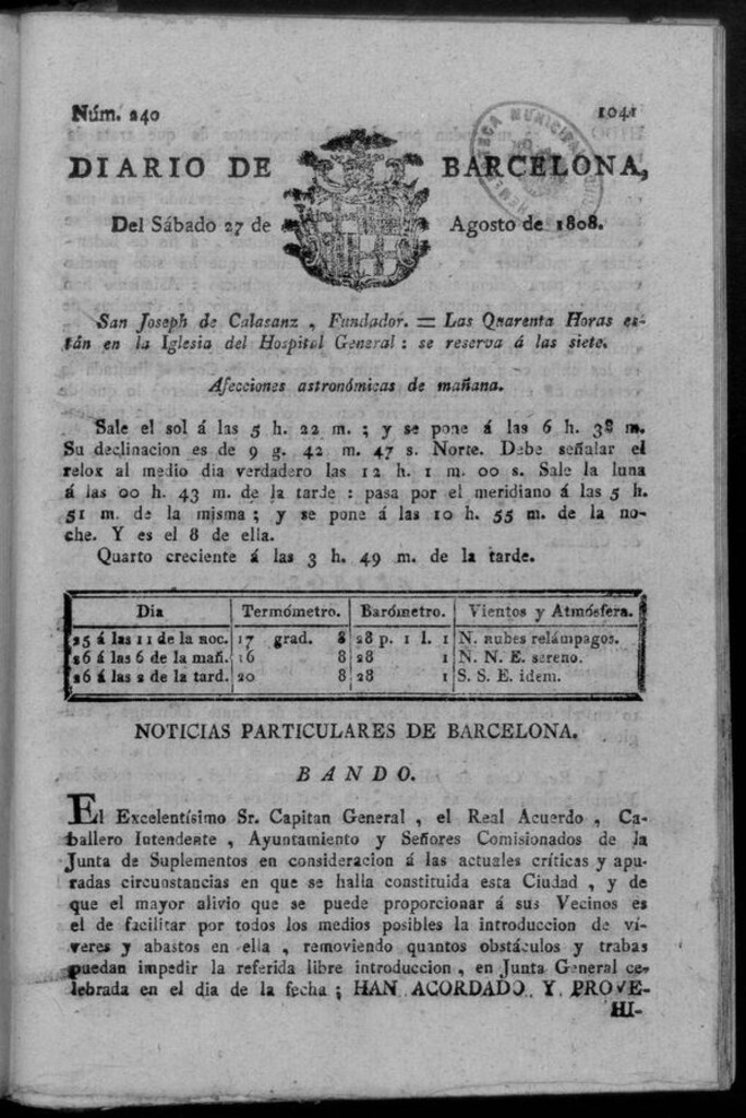 Miniatura de Diario de Barcelona del sábado 27 de agosto de 1808