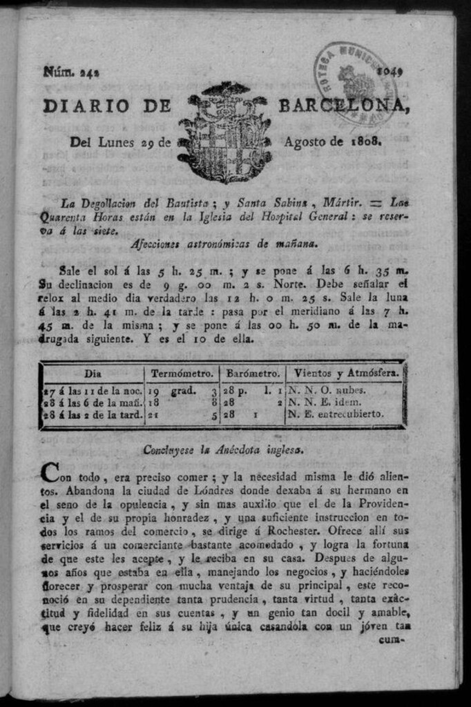 Miniatura de Diario de Barcelona del lunes 29 de agosto de 1808