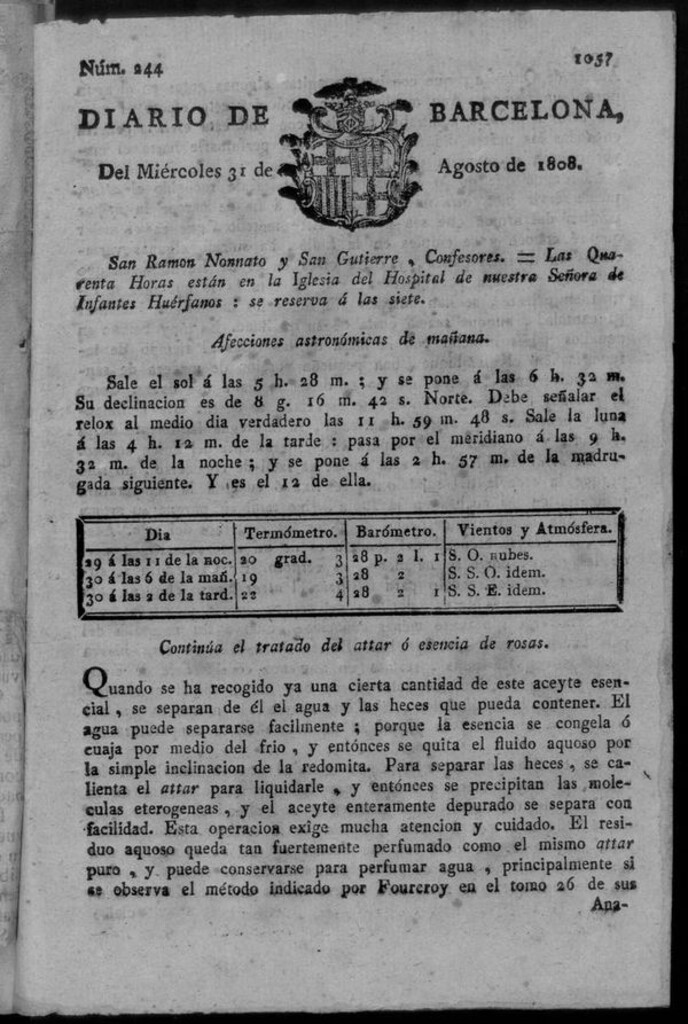 Miniatura de Diario de Barcelona del miércoles 31 de agosto de 1808