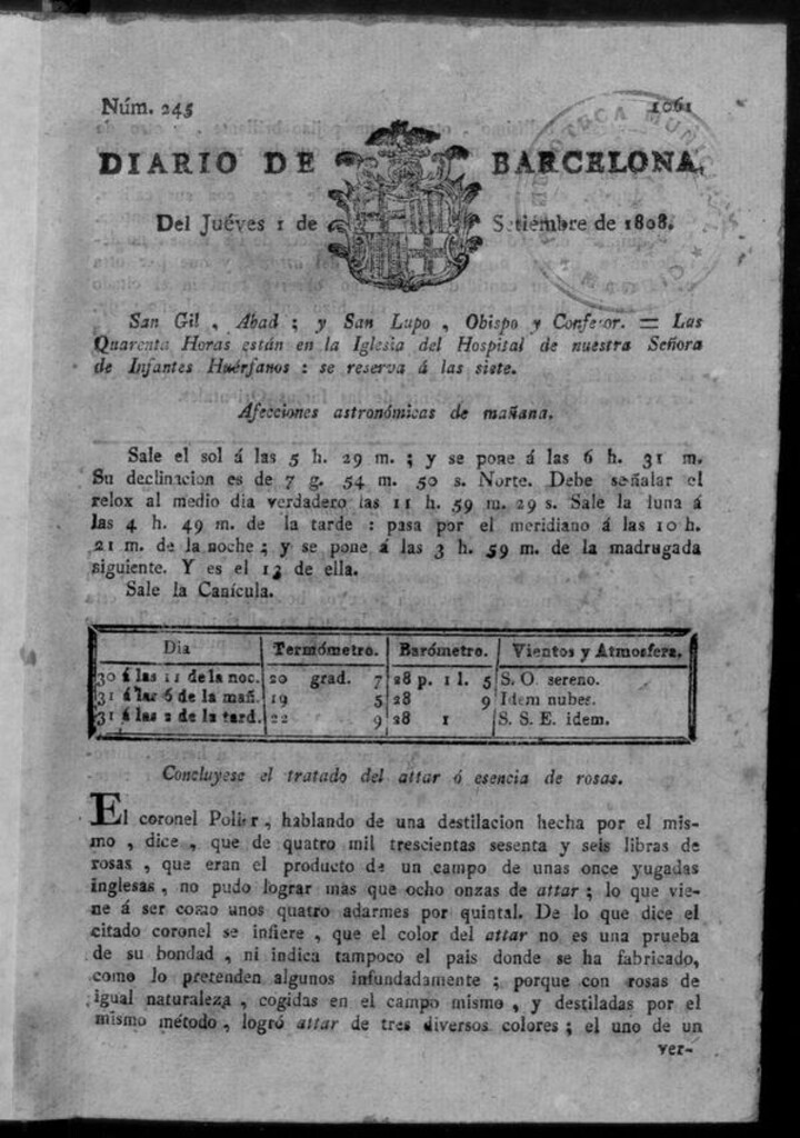 Miniatura de Diario de Barcelona del jueves 1 de septiembre de 1808