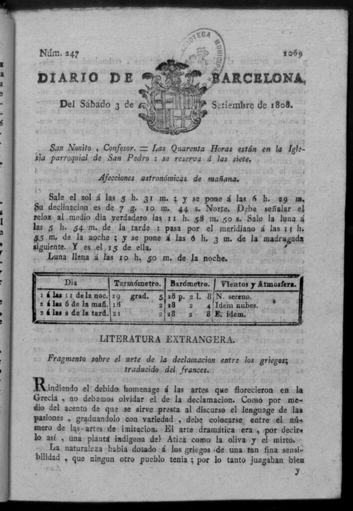 Miniatura de Diario de Barcelona del sábado 3 de septiembre de 1808