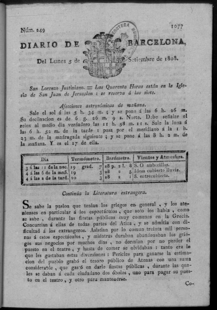 Miniatura de Diario de Barcelona del lunes 5 de septiembre de 1808