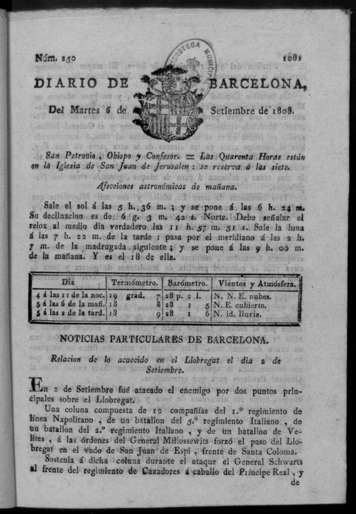 Miniatura de Diario de Barcelona del martes 6 de septiembre de 1808