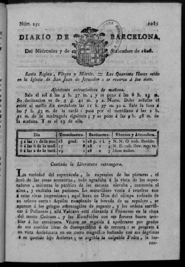 Miniatura de Diario de Barcelona del miércoles 7 de septiembre de 1808