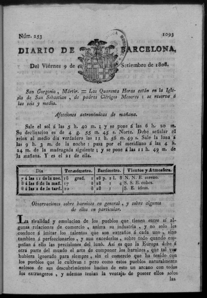 Miniatura de Diario de Barcelona del viernes 9 de septiembre de 1808