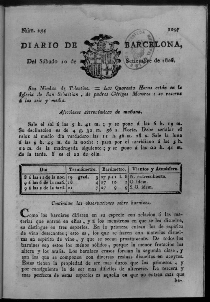 Miniatura de Diario de Barcelona del sábado 10 de septiembre de 1808