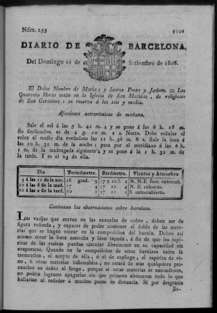 Miniatura de Diario de Barcelona del domingo 11 de septiembre de 1808