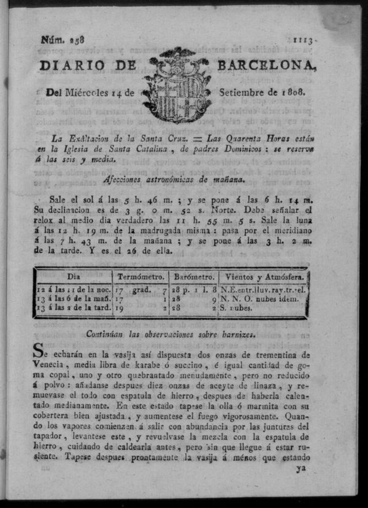 Miniatura de Diario de Barcelona del miércoles 14 de septiembre de 1808