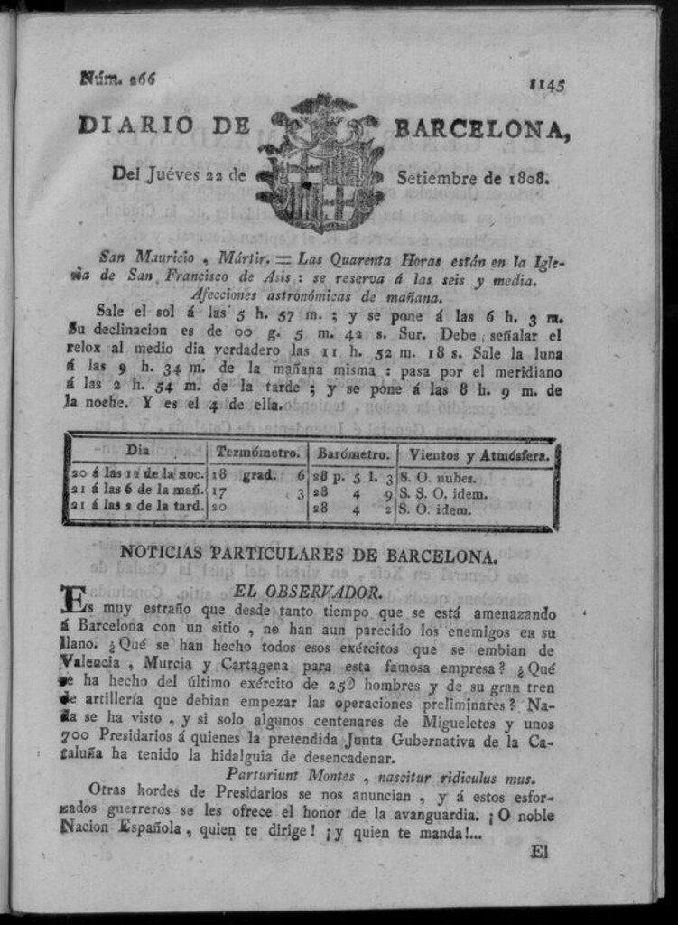 Miniatura de Diario de Barcelona del jueves 22 de septiembre de 1808