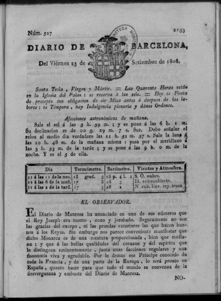 Miniatura de Diario de Barcelona del viernes 23 de septiembre de 1808
