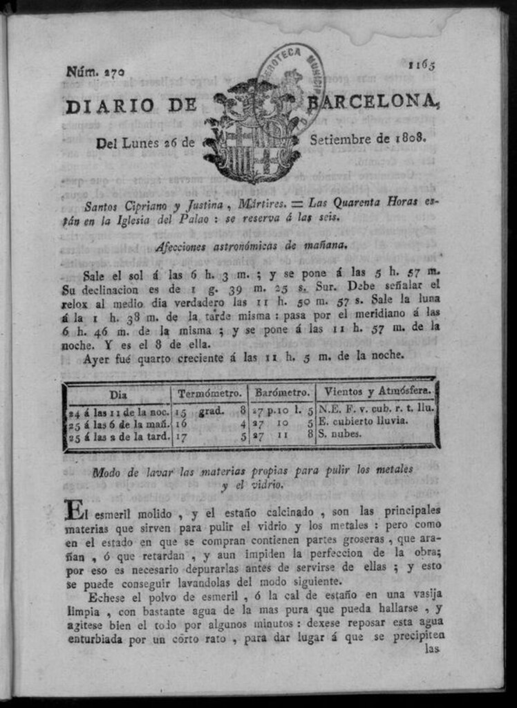 Miniatura de Diario de Barcelona del lunes 26 de septiembre de 1808