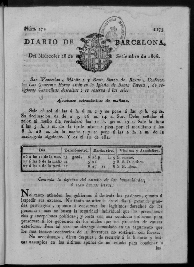 Miniatura de Diario de Barcelona del miércoles 28 de septiembre de 1808