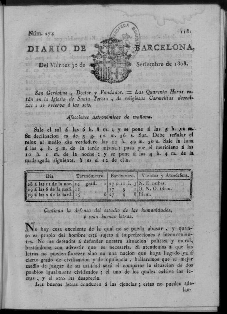 Miniatura de Diario de Barcelona del viernes 30 de septiembre de 1808