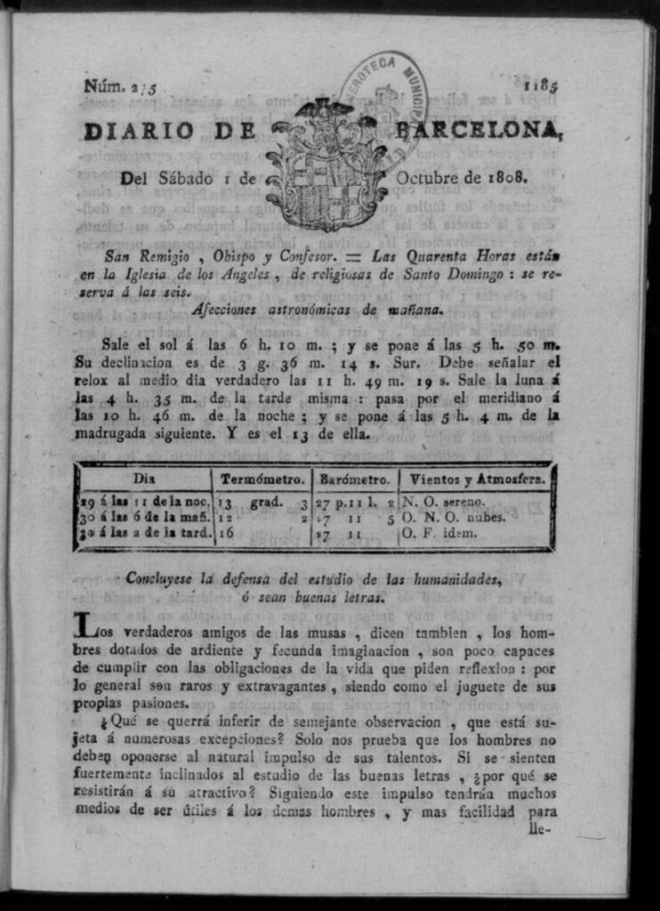 Miniatura de Diario de Barcelona del sábado 1 de octubre de 1808