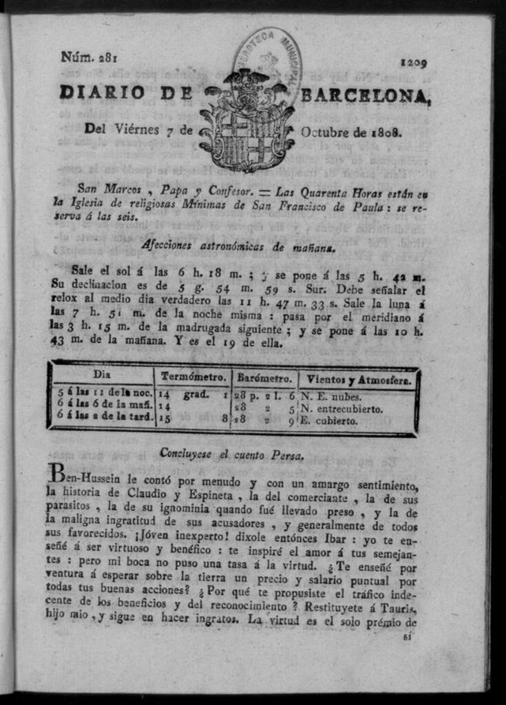 Miniatura de Diario de Barcelona del viernes 7 de octubre de 1808
