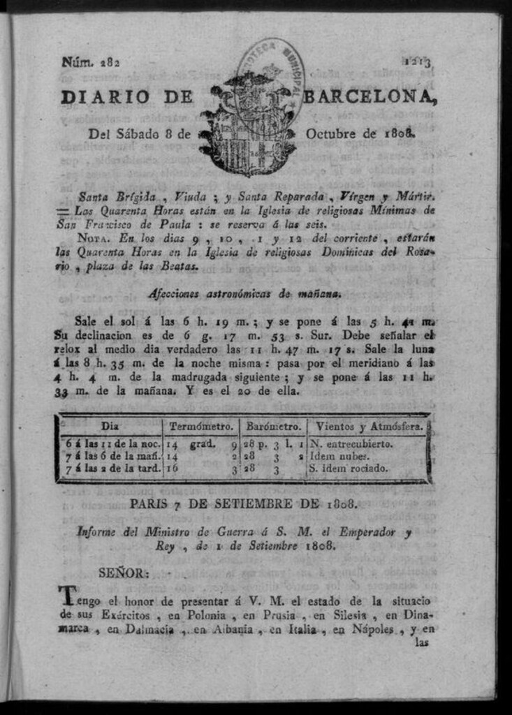 Miniatura de Diario de Barcelona del sábado 8 de octubre de 1808