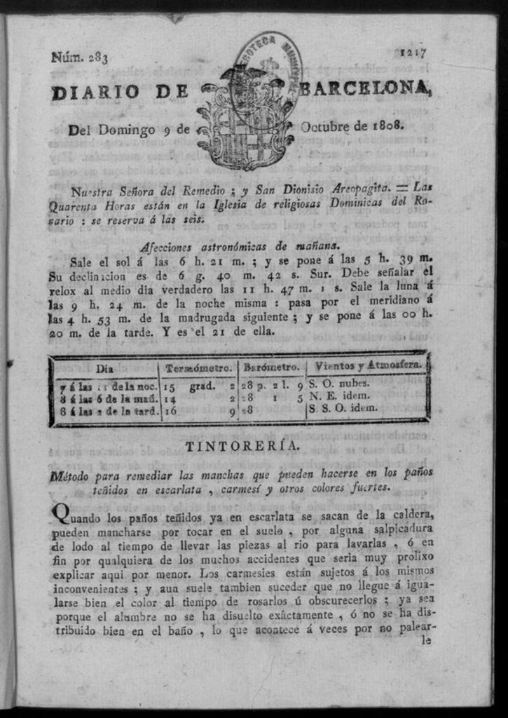 Miniatura de Diario de Barcelona del domingo 9 de octubre de 1808