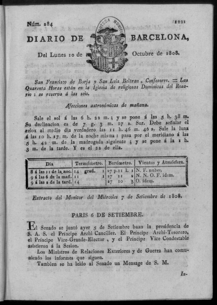 Miniatura de Diario de Barcelona del lunes 10 de octubre de 1808