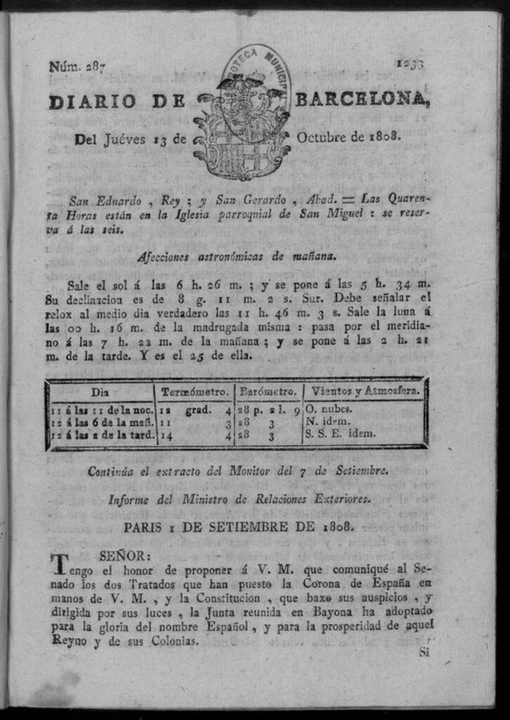 Miniatura de Diario de Barcelona del jueves 13 de octubre de 1808