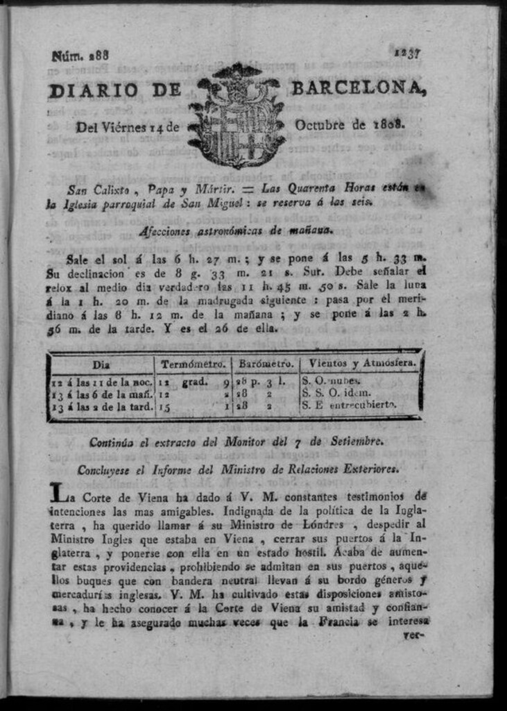 Miniatura de Diario de Barcelona del viernes 14 de octubre de 1808