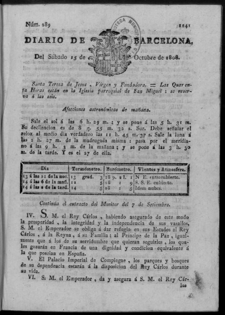 Miniatura de Diario de Barcelona del sábado 15 de octubre de 1808