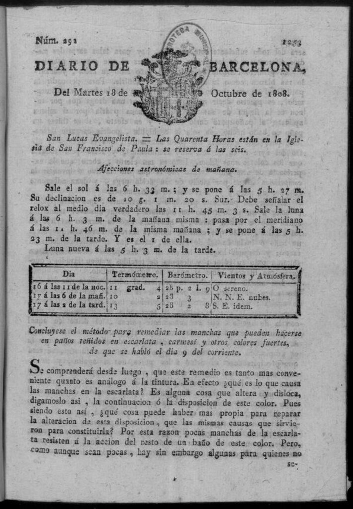 Miniatura de Diario de Barcelona del martes 18 de octubre de 1808