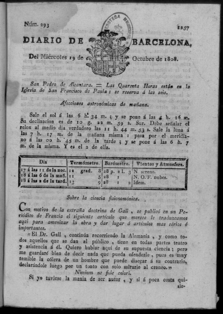 Miniatura de Diario de Barcelona del miércoles 19 de octubre de 1808