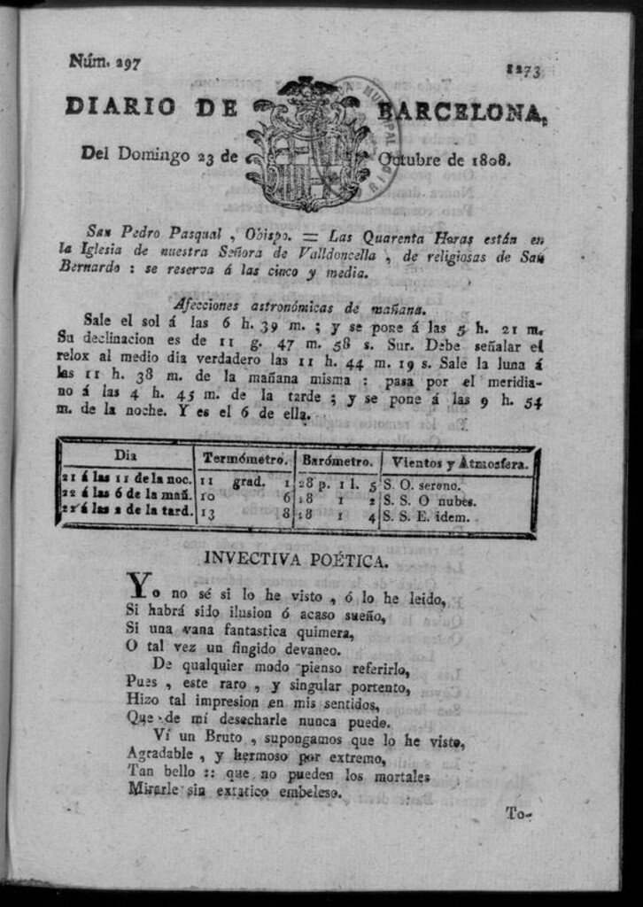 Miniatura de Diario de Barcelona del domingo 23 de octubre de 1808