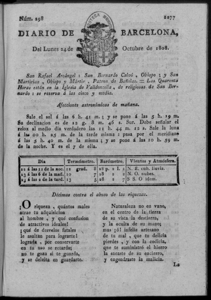 Miniatura de Diario de Barcelona del lunes 24 de octubre de 1808