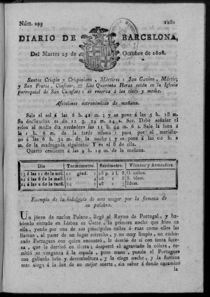 Miniatura de Diario de Barcelona del martes 25 de octubre de 1808