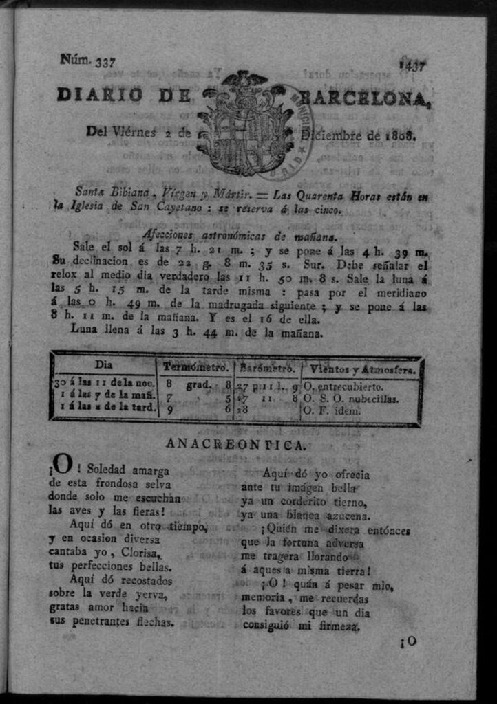 Miniatura de Diario de Barcelona del viernes 2 de diciembre de 1808