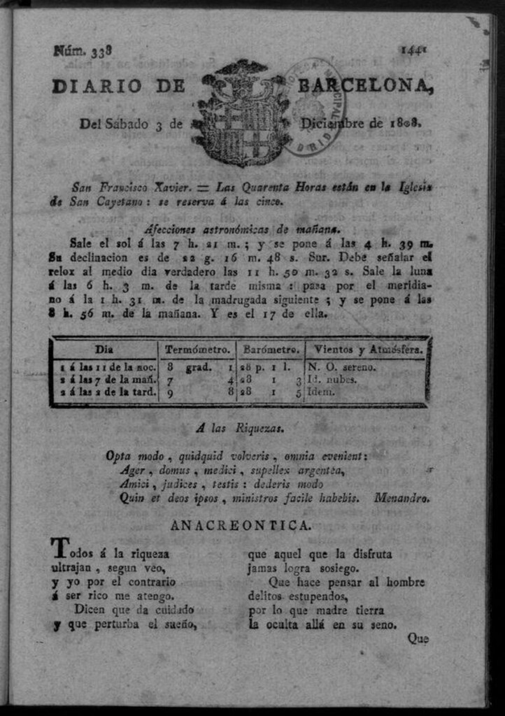 Miniatura de Diario de Barcelona del sábado 3 de diciembre de 1808