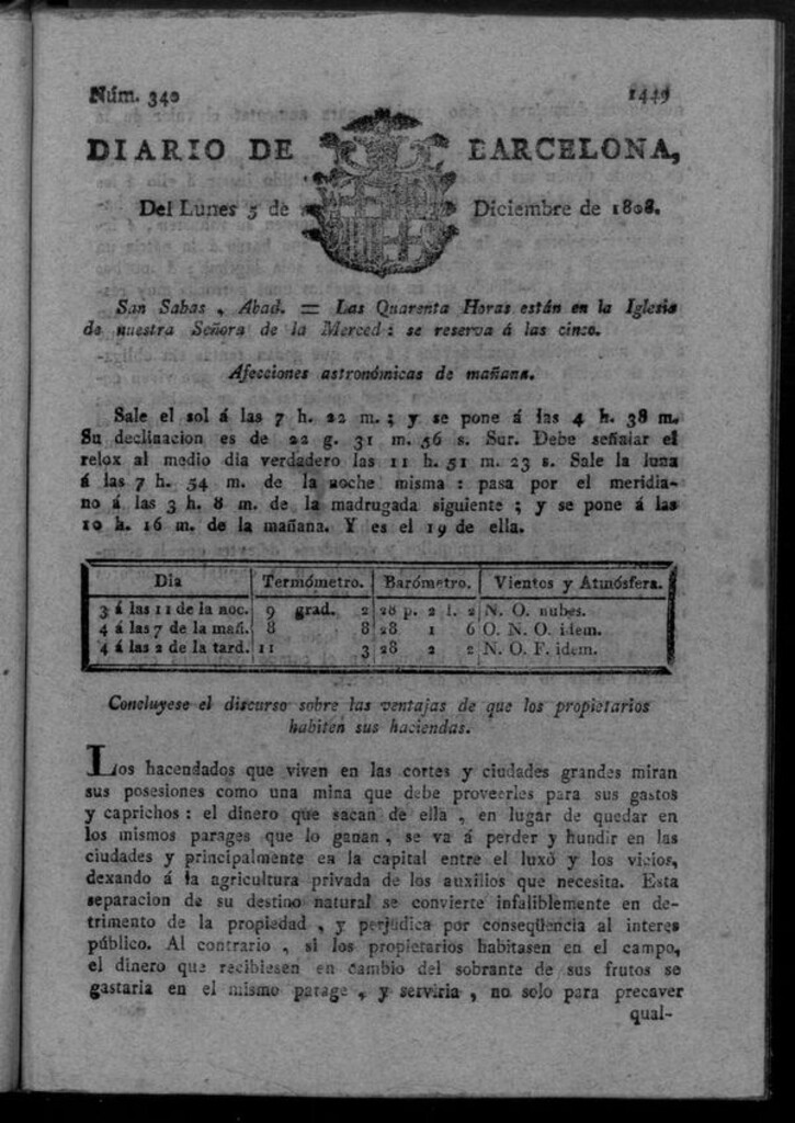 Miniatura de Diario de Barcelona del lunes 5 de diciembre de 1808