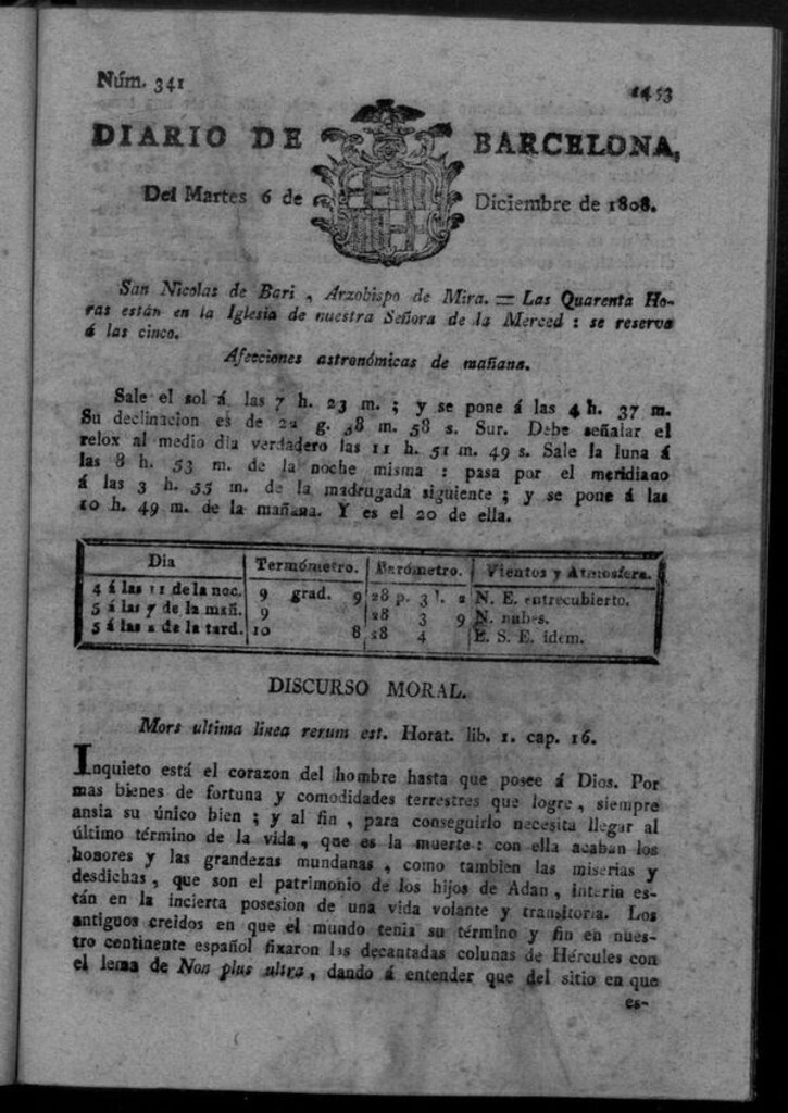 Miniatura de Diario de Barcelona del martes 6 de diciembre de 1808