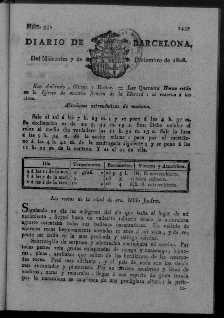 Miniatura de Diario de Barcelona del miércoles 7 de diciembre de 1808