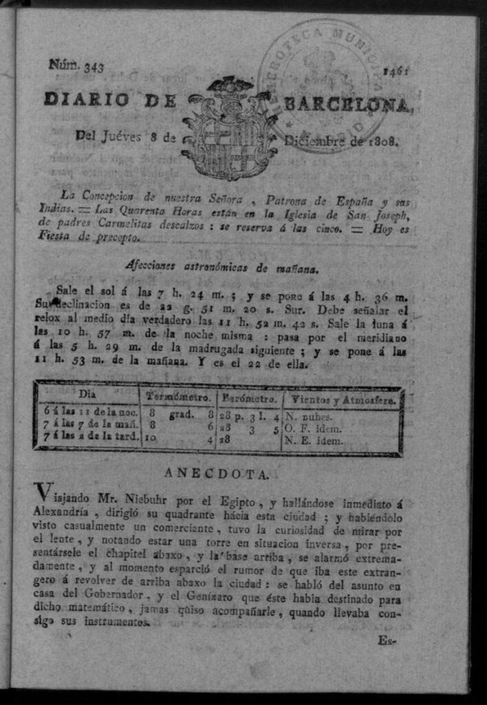 Miniatura de Diario de Barcelona del jueves 8 de diciembre de 1808