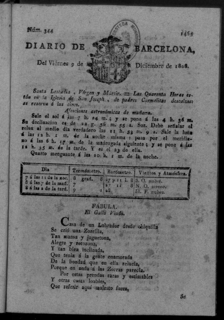 Miniatura de Diario de Barcelona del viernes 9 de diciembre de 1808